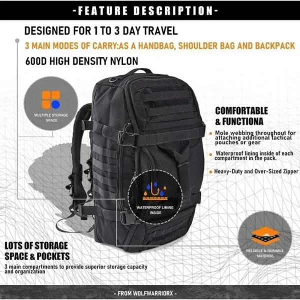 30L Waterproof Tactical Travel Duffel Bag with Adjustable Shoulder Strap